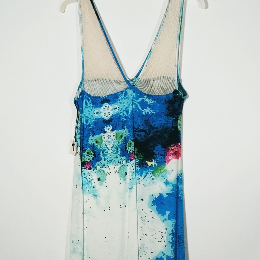 Townsen Women's Mini Dress S Small Blue White Print Stretch Knit Shift Mesh Top